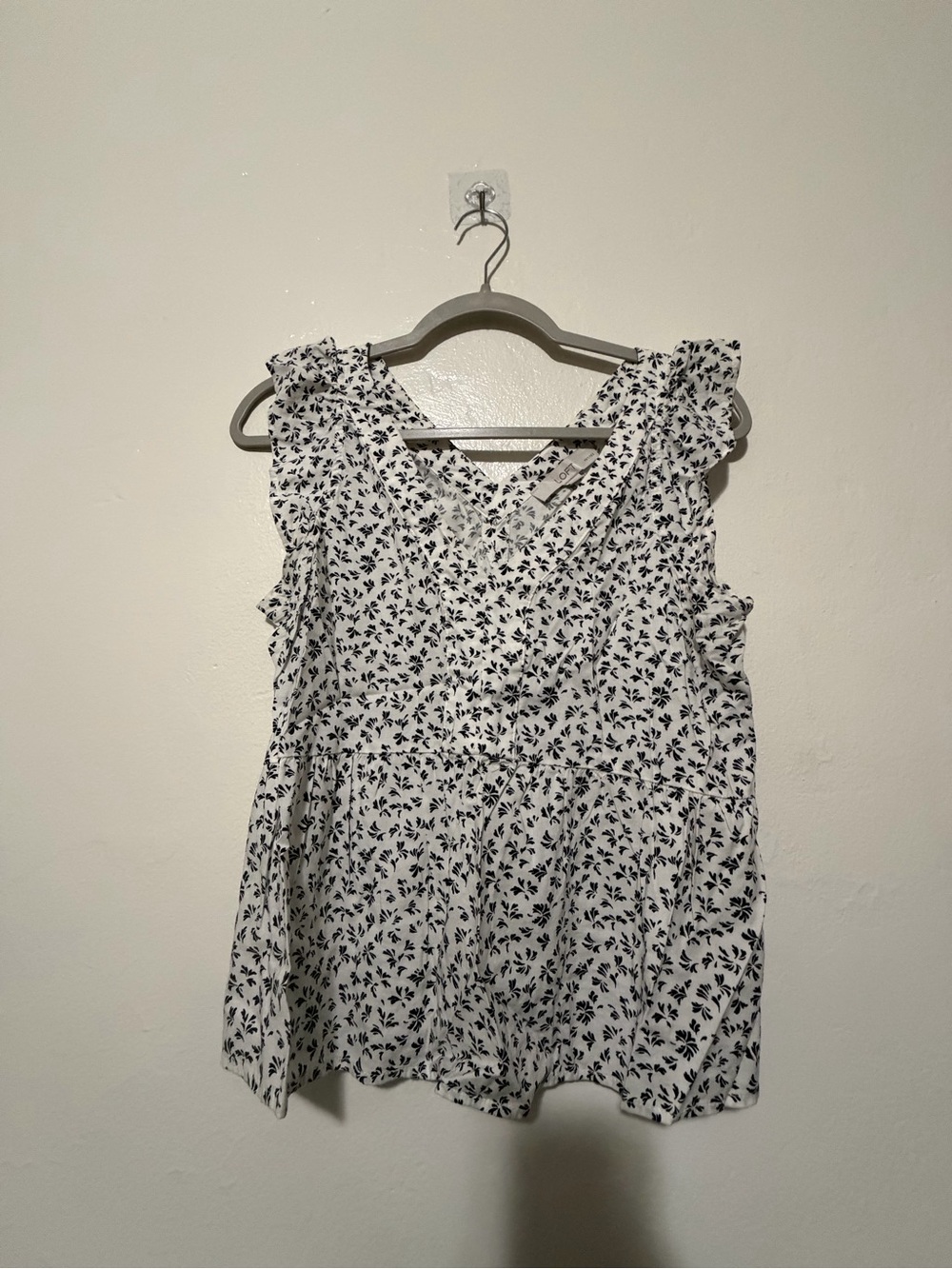 LOFT White Camisole with Black Floral Print and Ruffle Shoulders
